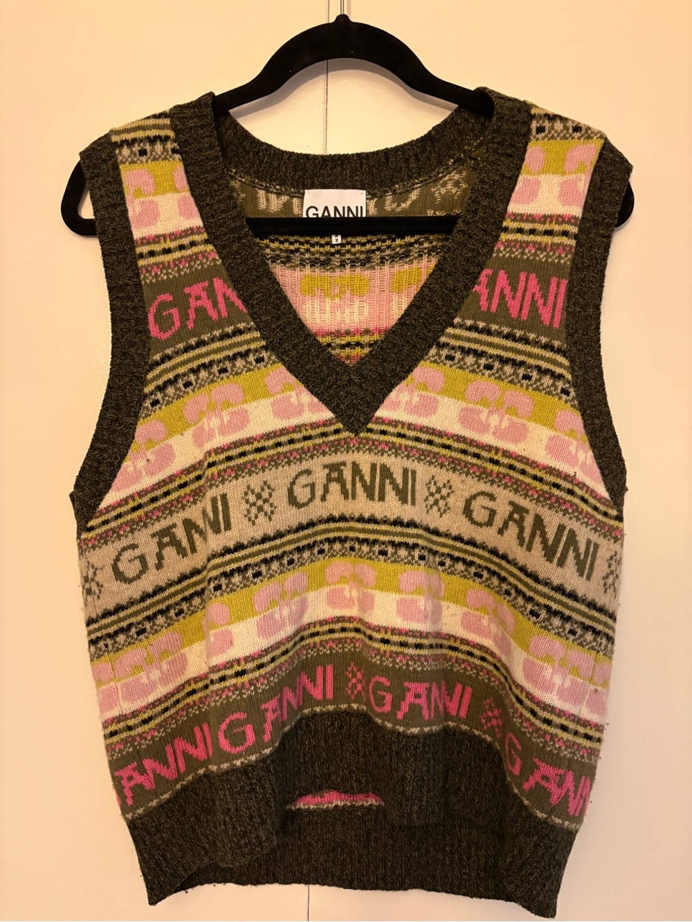 Ganni Olive Green, Pink & Cream Knit V-Neck Sweater Vest size M